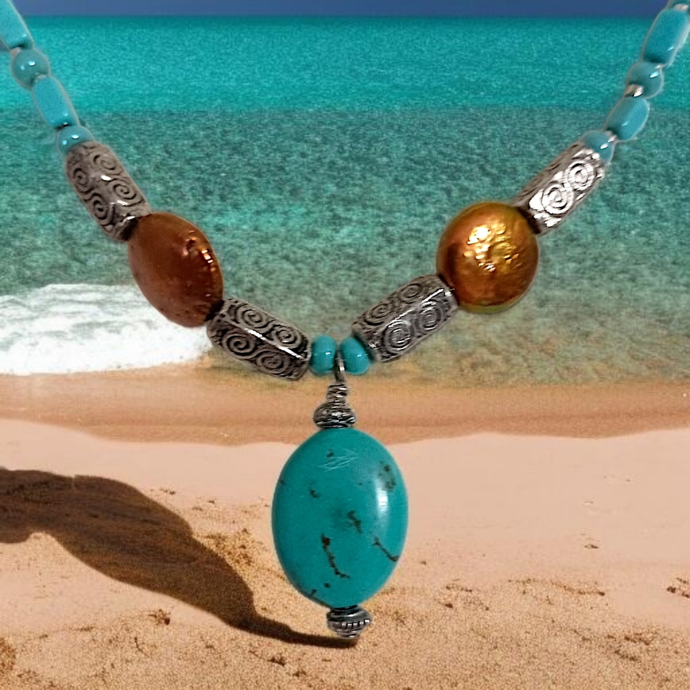 Southwestern Necklace Turquoise Blue Howlite Bead Nuggets Silver Tone‎ Western